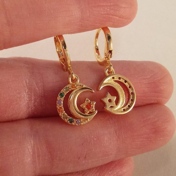 18K Yellow Gold Filled Layer Crescent Moon Star Diamond Zircon Dangle Earrings - Picture 4 of 4